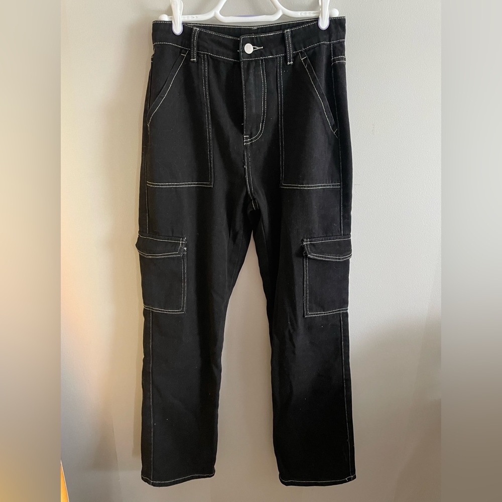 Shein trendy black pants with white stitching.